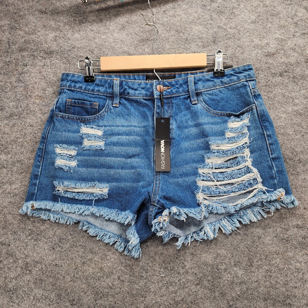 Fashion Nova Shorts Womens Juniors 7 Distressed Blue Denim Cut Off
